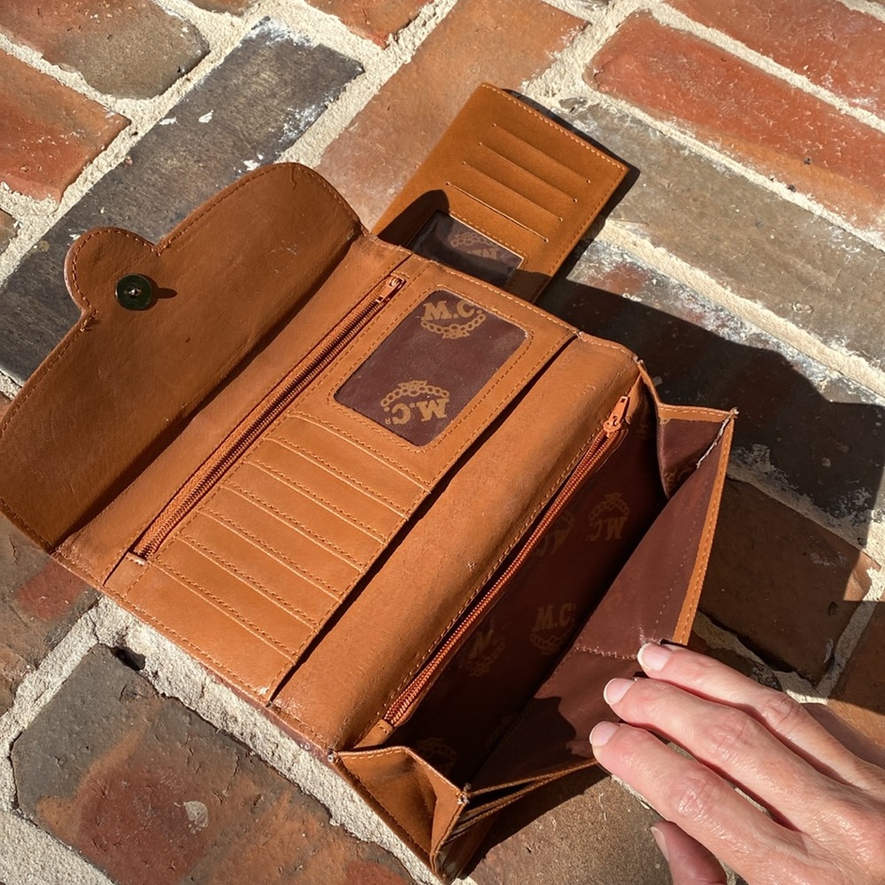 M.C. Floral Tooled Leather Wallet with Turquoise rhinestones & beads - Picture 5 of 16